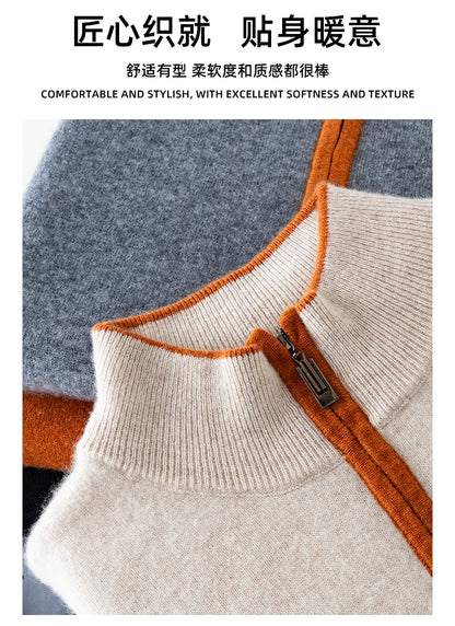 Men's 100% Cashmere Pullover Sweater Autumn/Winter Business Leisure Color Block Knitted Loose Fit Half High Collar Zipper Top