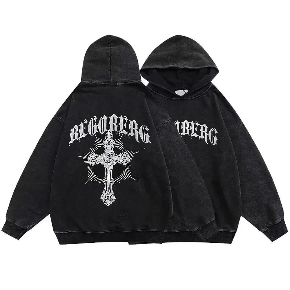 Gothic Vintage Washed Hoodies Letter Print Sweatshirts Streetwear Y2K Skeleton Hoodie Cotton Long Sleeve Pullover Hip Hop Hoody