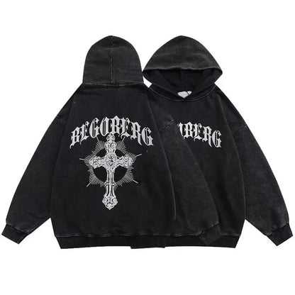Gothic Vintage Washed Hoodies Letter Print Sweatshirts Streetwear Y2K Skeleton Hoodie Cotton Long Sleeve Pullover Hip Hop Hoody