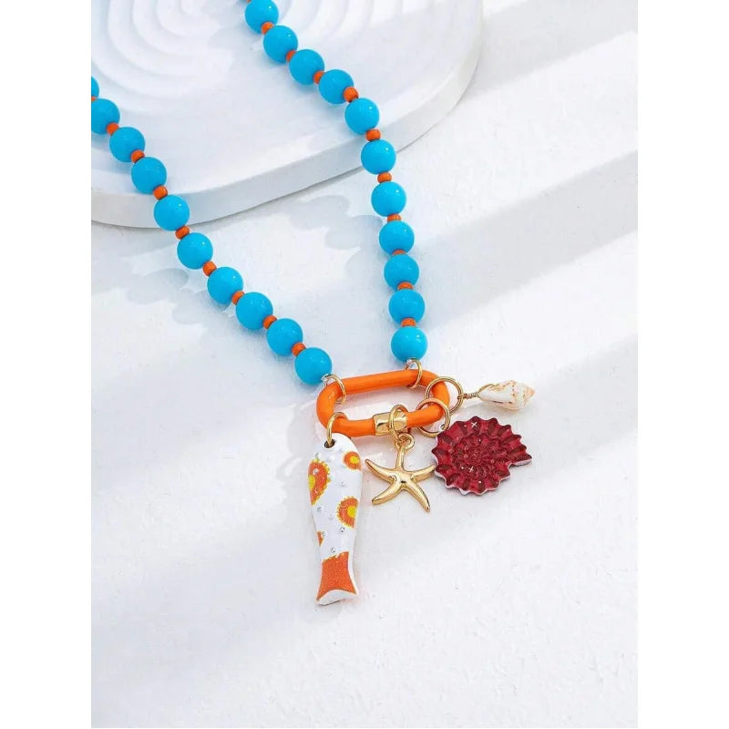 1pc Summer Beach Multi-Layer Resin Beaded Necklace, Colorful Fish & Starfish Charms, Boho Jewelry for Vacation & Beach Party