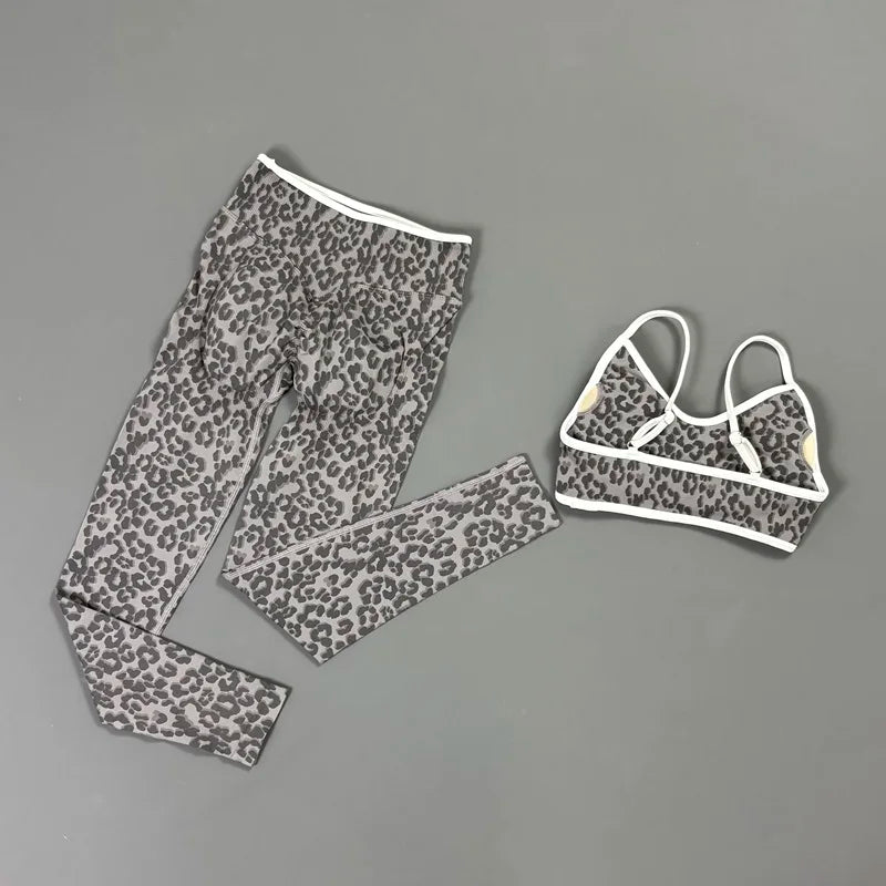 2 Pcs Fitness Sets Women Leopard Print Contrast Edge Removable Pad Bra Breathable Squat Proof Pants Suit Sports Workout Set