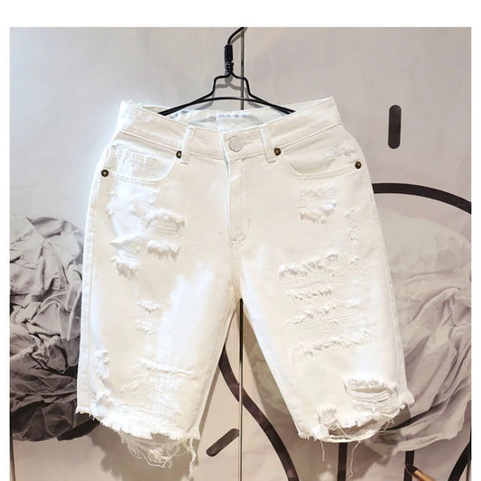 Men's Ripped Denim Shorts - Cropped Tattered White Casual Jeans With Zipper Fly Closure