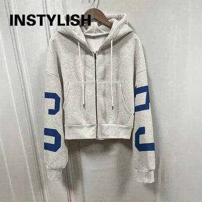 Women Y2K Crop Zip Up Hoodie Letter Print Oversized Long Sleeve Hooded Sweatshirt Casual Streetwear Short Jacket Outerwear
