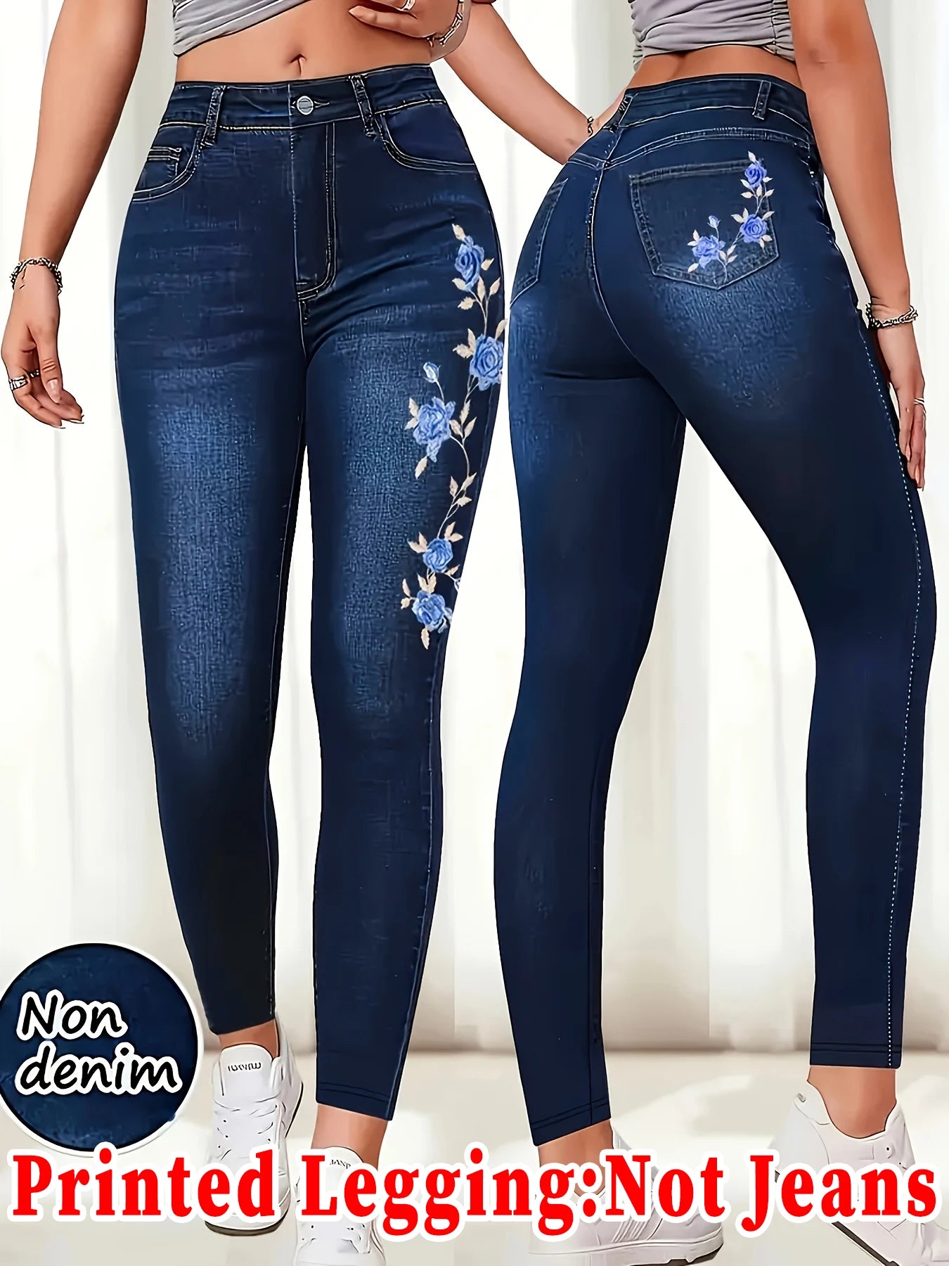 Women's Printed Skinny Pants, High Elastic Seamless Design with Faux Pockets, Casual & Sporty
