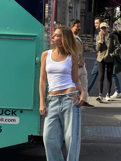 Women Low Waist Jeans Star Rhinestone Pants Cut Out Wide Leg Trousers Light Wash Distressed Denim Pants Street Woman Clothes