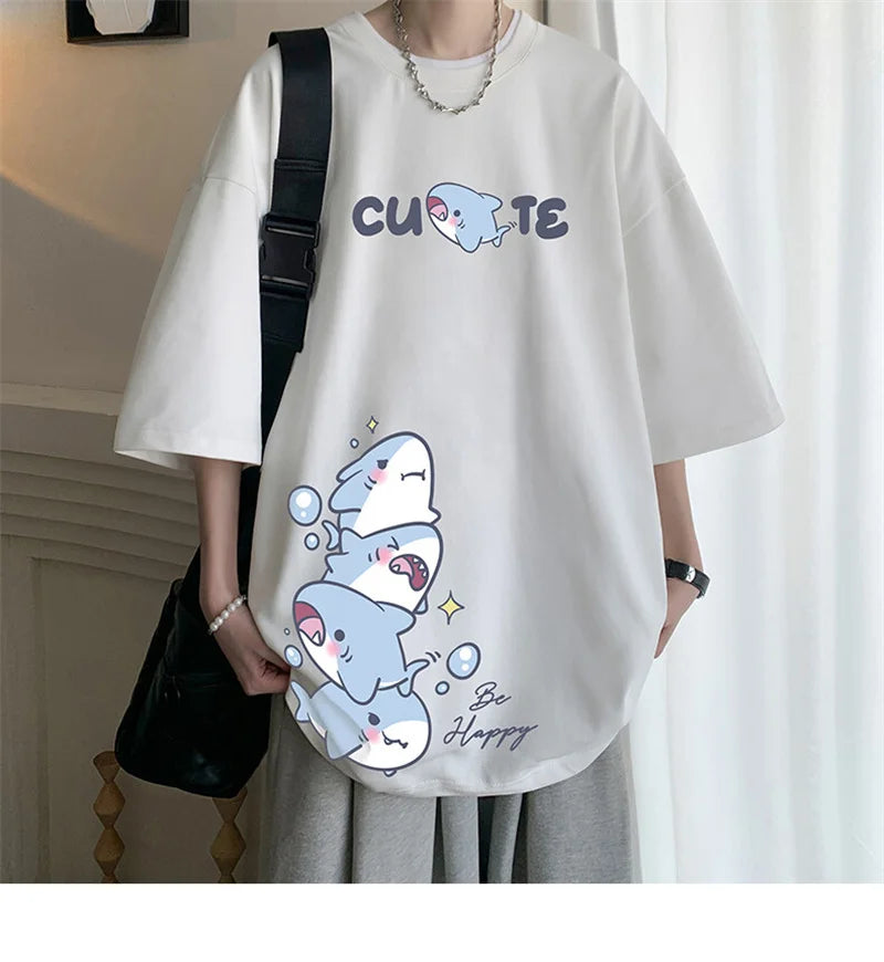 Men's Cotton T-shirts White Men Oversized T Shirt Anime Shark Print Summer Casual Wear 5XL Tee Shirts Big Size Male Clothes