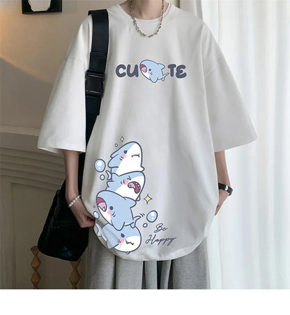Men's Cotton T-shirts White Men Oversized T Shirt Anime Shark Print Summer Casual Wear 5XL Tee Shirts Big Size Male Clothes