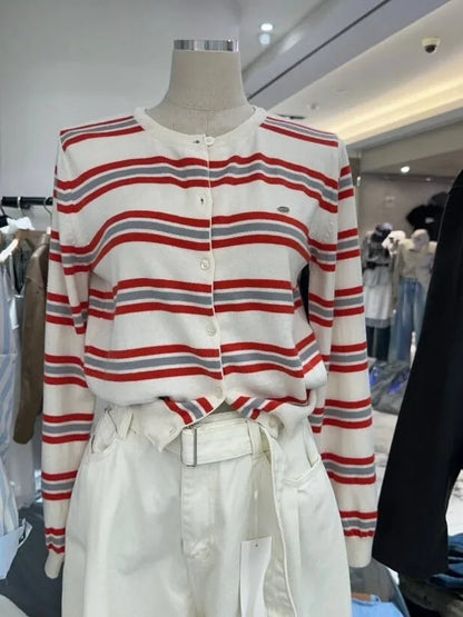 Spring New Classic Striped round Neck Button up Soft Knitted Open Cardigan Fashionable Design Sensation Women's Sweater