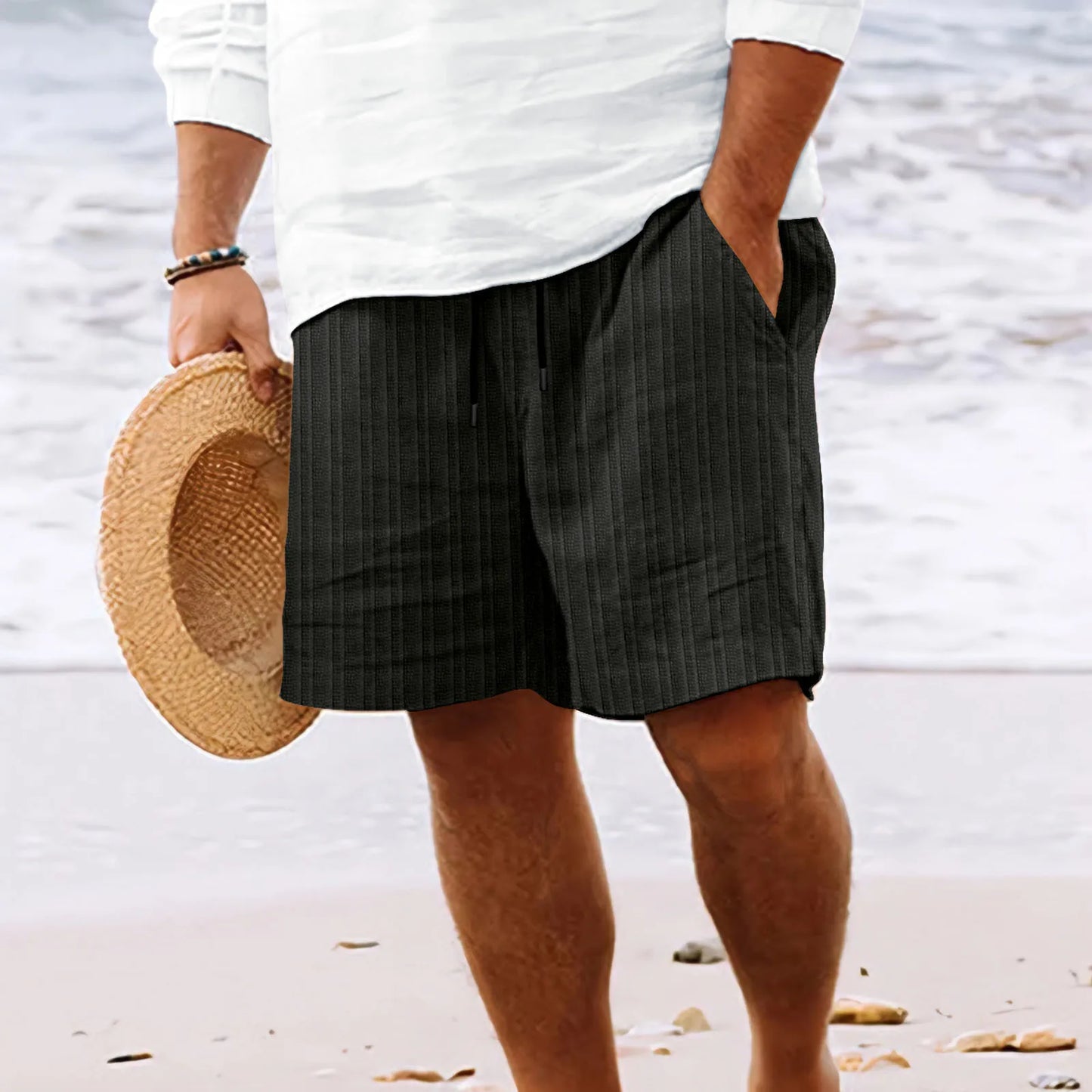 Men's Beach Shorts - Lightweight Striped Multi-Pocket Hawaiian Style Casual Summer Board Shorts