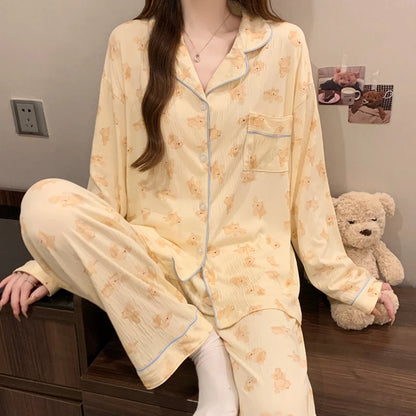 Pink Bow Dtie Pajama Set - Womens Long Sleeve Top  Elastic Waist Pants Harajuku Style Home Wear - ZOOMNSTORE