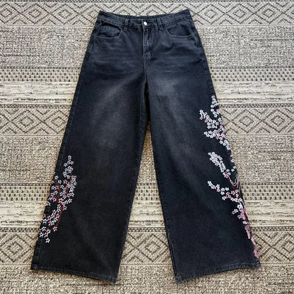 Y2K Vintage Baggy Fallen Knight Cherry Blossom Embroidery Jeans Men Women Fashion Straight Wide-leg Denim Pants Streetwear Jean