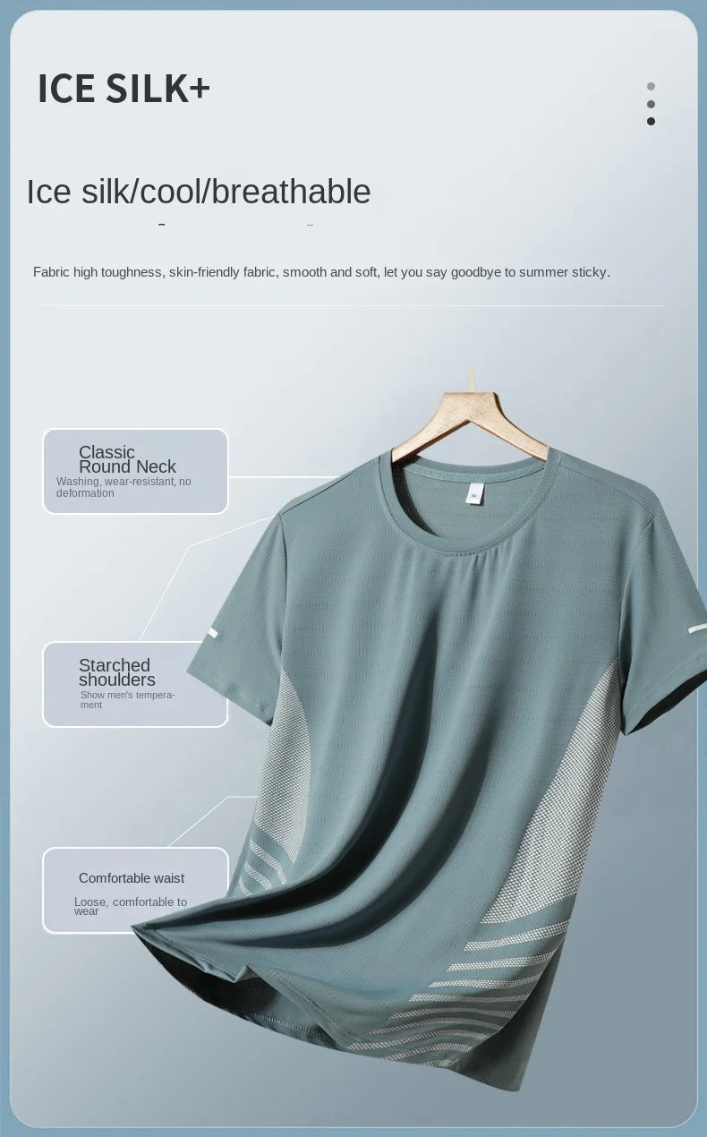 Running T-shirt Men Summer Ice Silk Thin Top Reflective Printing Quick Dry Short Sleeve Breathable Fitness Sports T-shirt 5XL