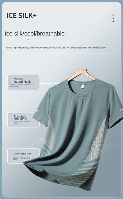 Running T-shirt Men Summer Ice Silk Thin Top Reflective Printing Quick Dry Short Sleeve Breathable Fitness Sports T-shirt 5XL