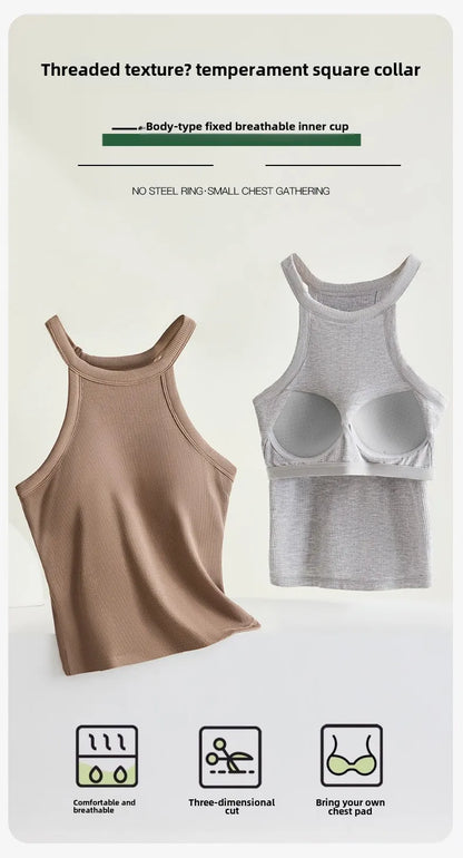 Threaded Halter Neck Camisole Top With Build-in Bra High Elastic Slim-fitting Sling Fixed Cup Breathable Women Underwear