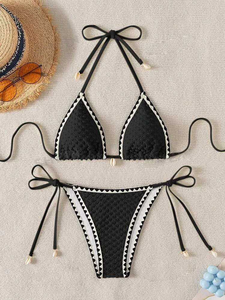 Halter Bikini Set - Wrinkled Weave Polyester Swimwear With Push Up Support
