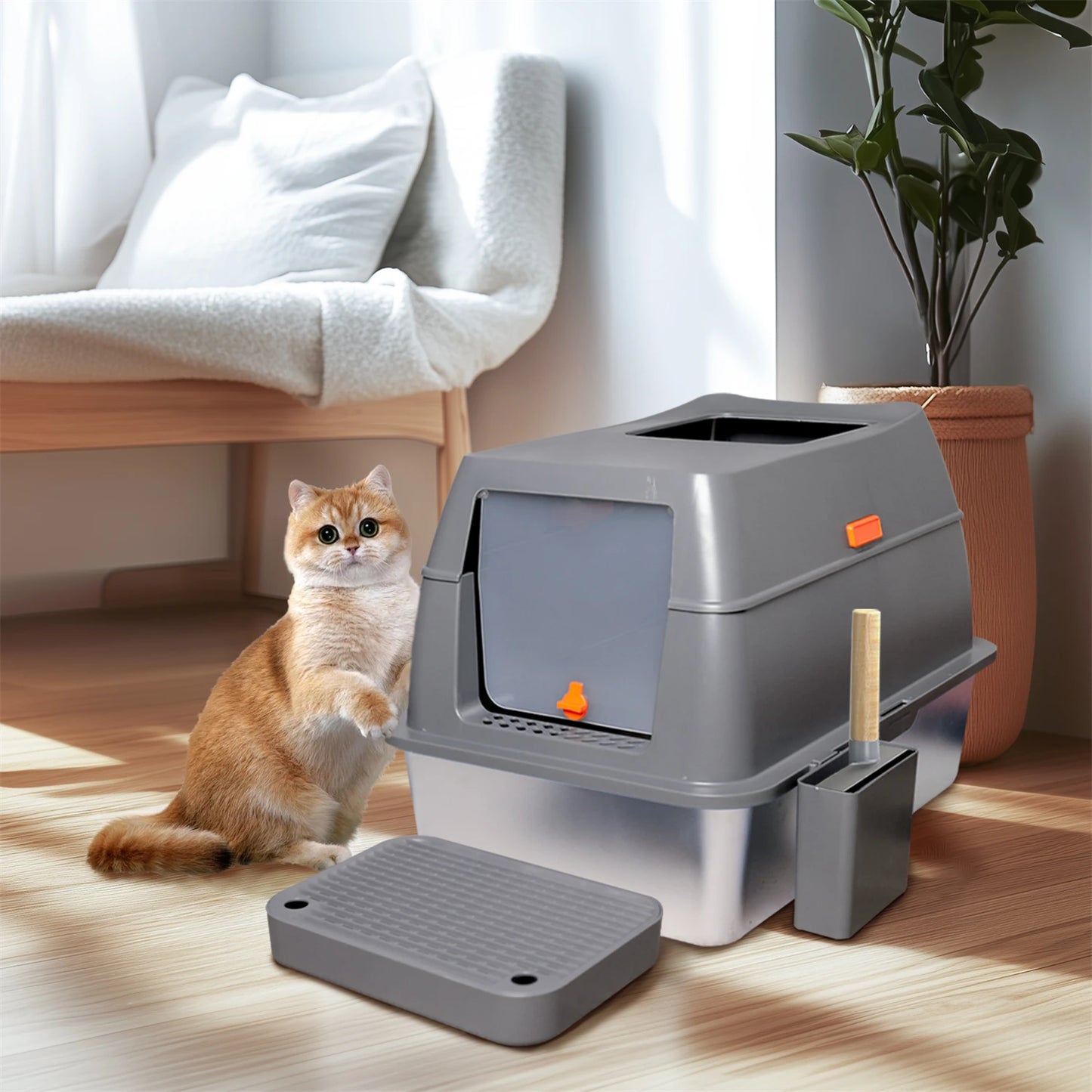 Extra Large Stainless Steel Cat Litter Box with Lid - High Wall Metal Tray for Big Cats - ZOOMNSTORE