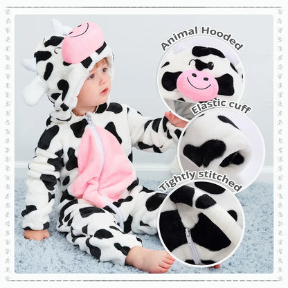 Baby Winter Rompers - Soft Polyester Hooded Jumpsuit With Animal Pattern, Machine Washable