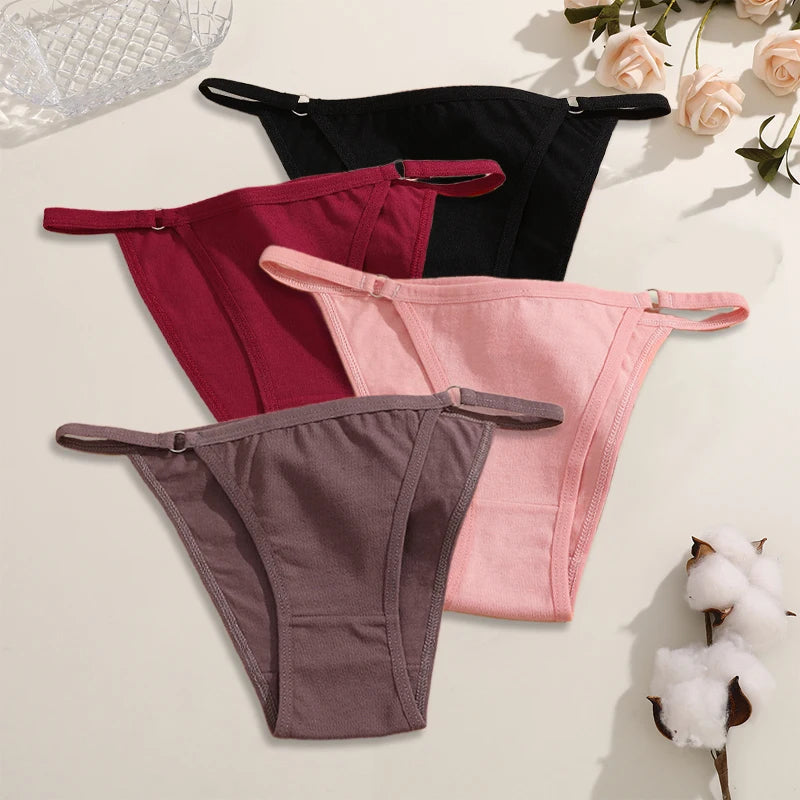 FINETOO 4Pcs Women's Cotton Panties Sexy Metal Ring Waist Underwear Solid Breathable Panties Ladies Soft Briefs Comfort Lingerie