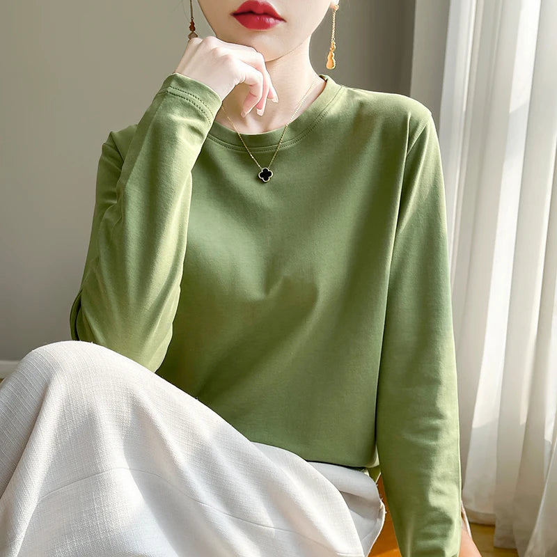 100 Cotton Womens Long-Sleeved Round Neck T-Shirt - Loose Bottoming Top for Spring  Autumn