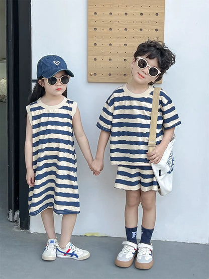 1pcs Summer Chldren Boy Stripe Short Sleeve Tops+Shorts Set Girl Sleeveless Vest Skirt Kids Toddler Fashion Leisure Clothes Set