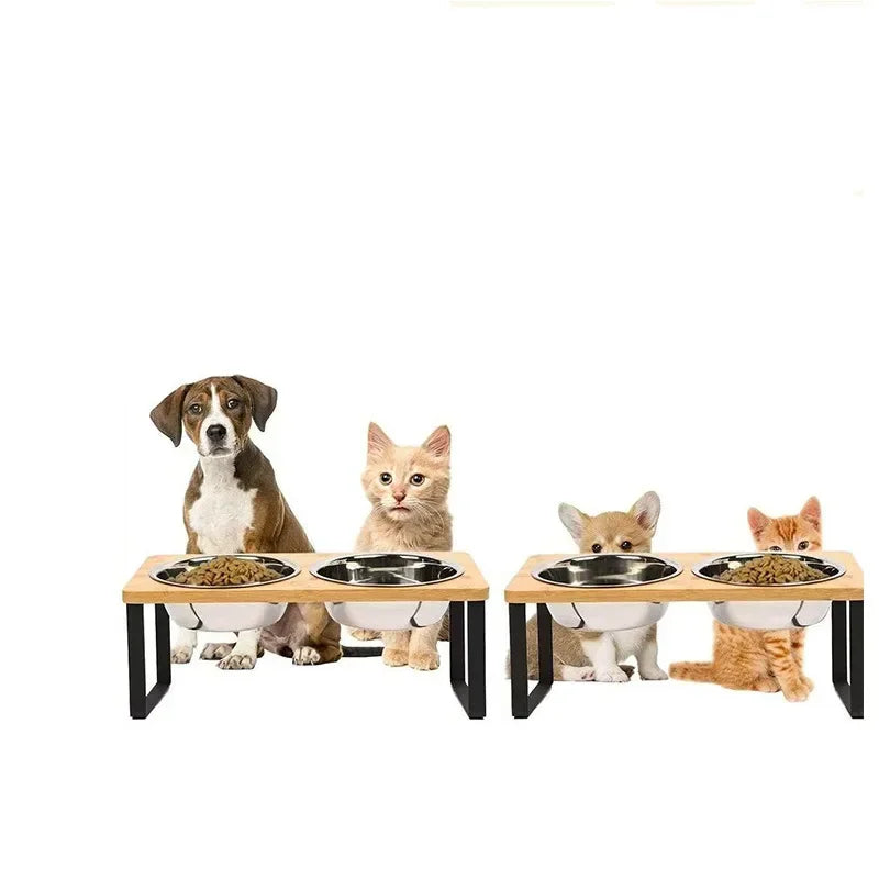 Elevated Cat Bowl Wooden 15° Tilted Raised Pet Bowl Stand with 2/3 Stainless Steel Bowl Neck Protection Dog Feeder Pet Supplies