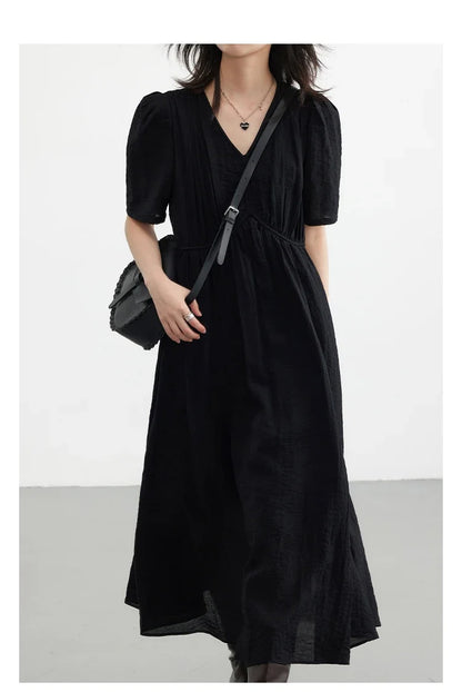 Vintage V-Neck Dress – Women Summer Fashion | White Puff Sleeve, Loose Ankle-Length