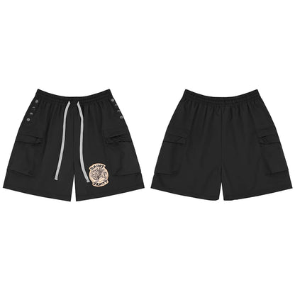 Side Button Embroidery Water Proof Thin Summer Shorts for Men Elastic Waist Drawstring Baggy Quick Dry Five Point Pants
