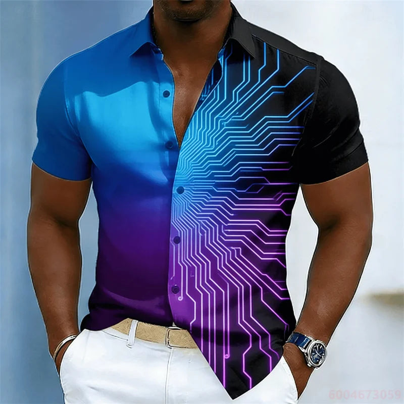 Men's color-blocked abstract striped short-sleeved shirt, summer fashion casual men's shirt, Hawaiian shirt, sizes XS-6XL.