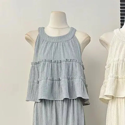 Faionable round Ne Svel Top High Waist Straight Leg Pants Women's Summer New Sle Korean Version Two-Piece Set