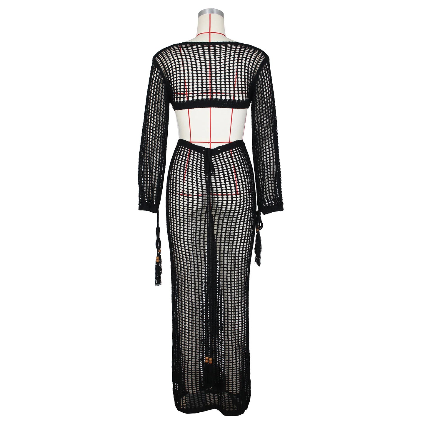 DEKA Women Knitted Backless Cover Up Swimsuit Long-sleeved Crochet Hollow Out Dress Summer Beach Vacation Outfit Beach Dress