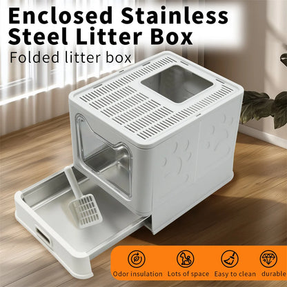 Stainless Steel Covered Cat Litter Box - Large Top Entry Pan with Scoop High Sided for Easy Cleaning - ZOOMNSTORE