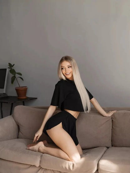 2026 New women's sexy pajama set short sleeved T-shirt split shorts pajama 2-piece set casual round neck elastic home wear