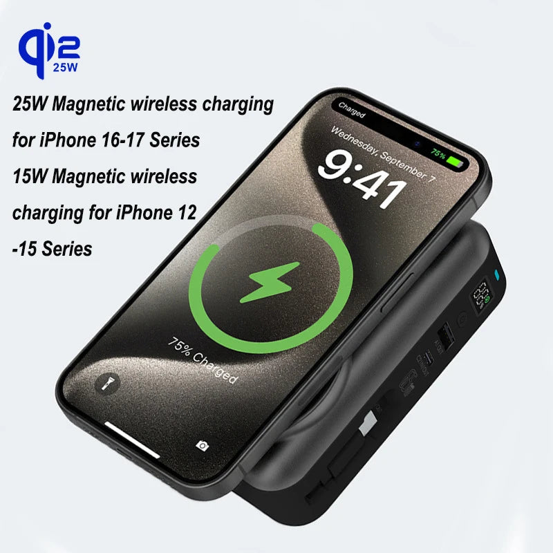 Solid-state Battery Qi2.2 25W Magnetic Wireless Power Bank PD65W Fast Charger for iPhone 17 iWatch Laptop Powerbank with AC Plug