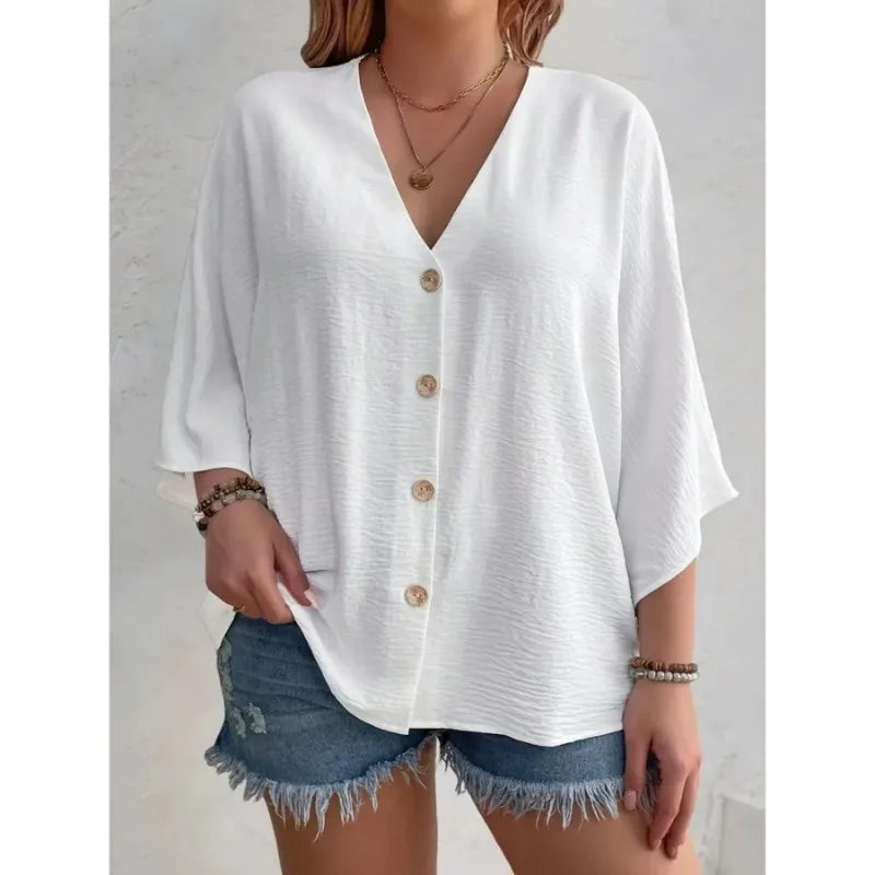 Plus Size 2025 New Fashion Women's Tops Loose V-Neck Long Sleeve T-Shirt Spring Summer Elegant Solid Color Casual Blouse