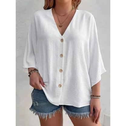 Plus Size 2025 New Fashion Women's Tops Loose V-Neck Long Sleeve T-Shirt Spring Summer Elegant Solid Color Casual Blouse