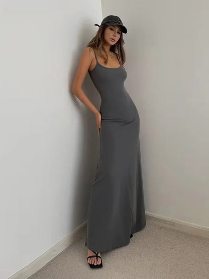 Summer Backless Dress - Slim Waisted Spaghetti Strap Mid-Calf Length Casual Outfit