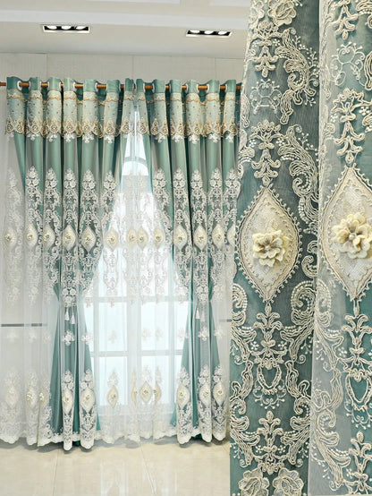 Luxury Embroidered Curtains - Vintage Style Floral Window Drapes With 3D Relief Pattern