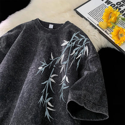 Acid Washed T-Shirt - Men's Streetwear Tee With Bamboo Leaf Print | Oversized Loose Fit