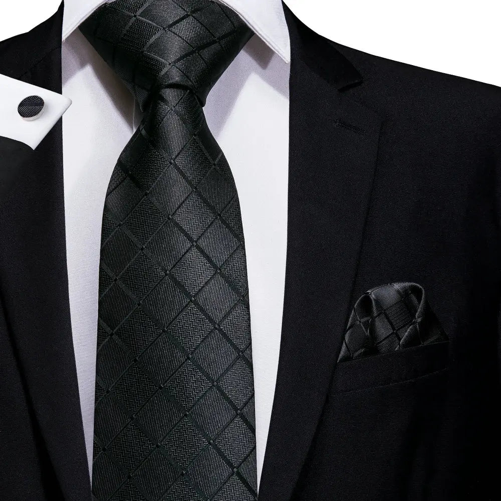 Black Floral Silk Wedding Tie Set - Elegant Necktie with Handkerchief  Cufflinks for Men