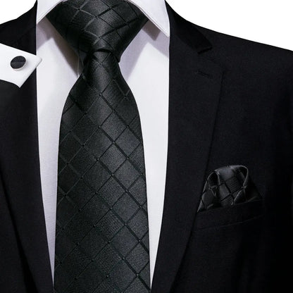 Black Floral Silk Wedding Tie Set - Elegant Necktie with Handkerchief  Cufflinks for Men
