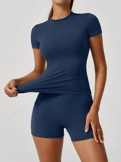 Women's Sweet Sports Short Sleeve High Waist Tummy Control Butt Lifting Shorts Set