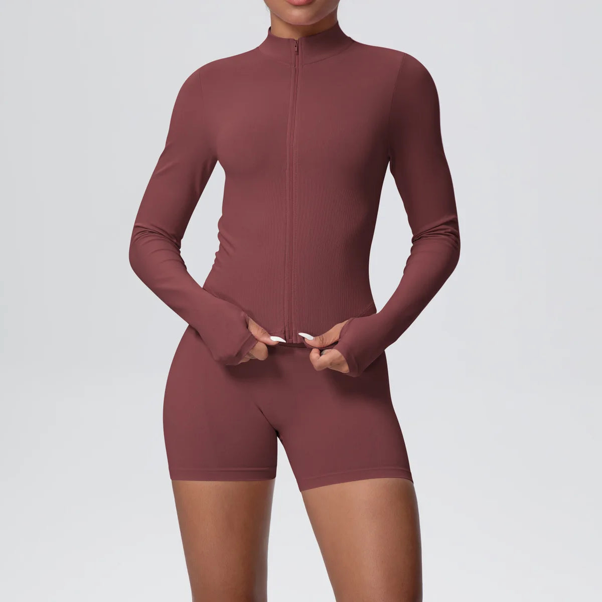Women Gym Set - Seamless Yoga Suit With Zip Shirt & Cycling Shorts Activewear