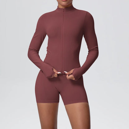 Women Gym Set - Seamless Yoga Suit With Zip Shirt & Cycling Shorts Activewear
