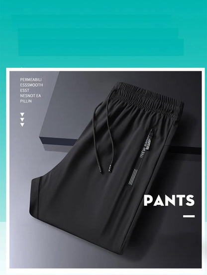 Men's Athletic Stretchy Ice Silk Quick Dry Pants Zipper Pockets Lightweight Sweatpants Outdoor Hiking Breathable Running Workout