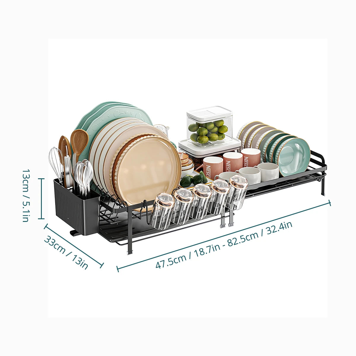 Expandable Dish Rack - Adjustable Kitchen Countertop Organizer with Utensil & Cup Holders