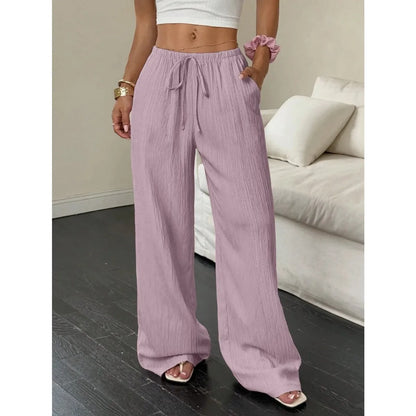 Women's Wide-Leg Cotton-Linen Blend Casual Floor-Length Pants Relaxed-Fit Drawstring Trousers for Home & Strolls