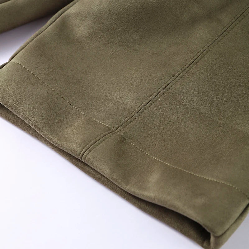 Vintage Suede Green Bomber Jacket Women Loose Lapel Full Sleeve Zipper Commute Coat 2025 Autumn Lady High Street All-match Coats