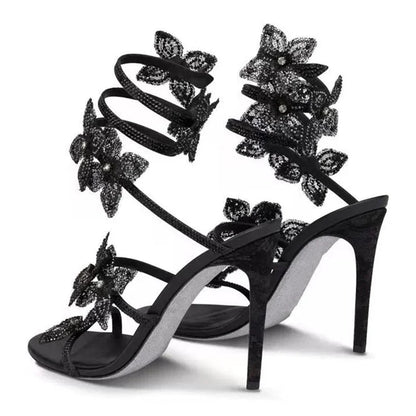 Eilyken Sexy CRYSTAL Flower Thin High Heels Women Sandals Street Style Narrow Band Ankle Strap Pole Dancing Ladies Shoes