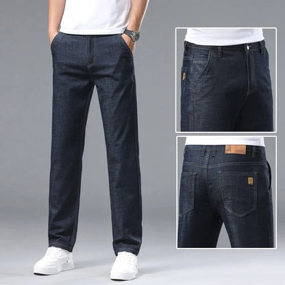 Light blue classic business jeans, fashionable breathable denim elastic pants, black blue men's straight leg jeans, sizes 28-40