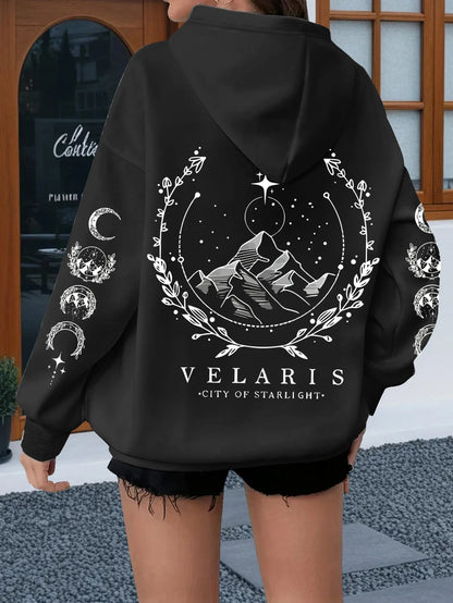 Sun & Moon Print Hooded Sweatshirt Women Casual Pullover Long Sleeve Tops Sun Moon Mountain Design Women Sweatshirt Graphic